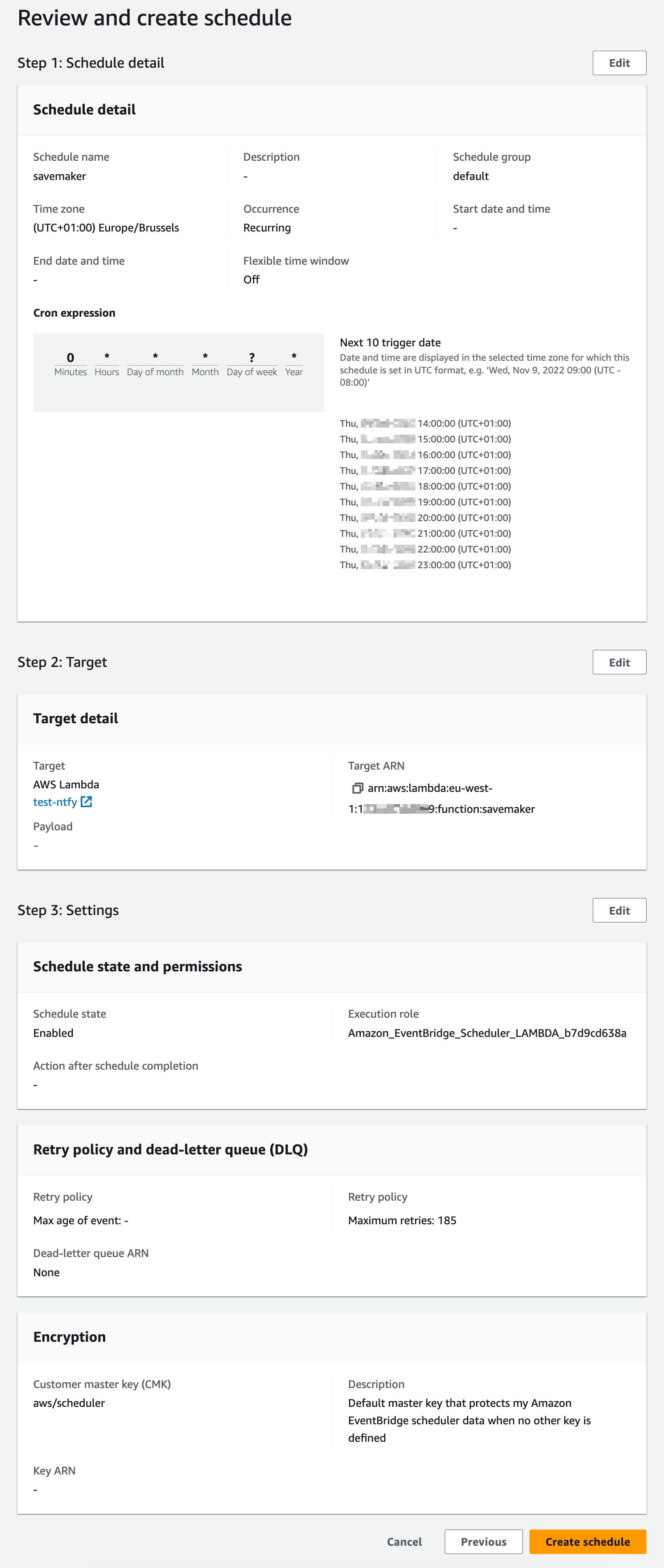 Configuração da regra do EventBridge para acionar a função Lambda.